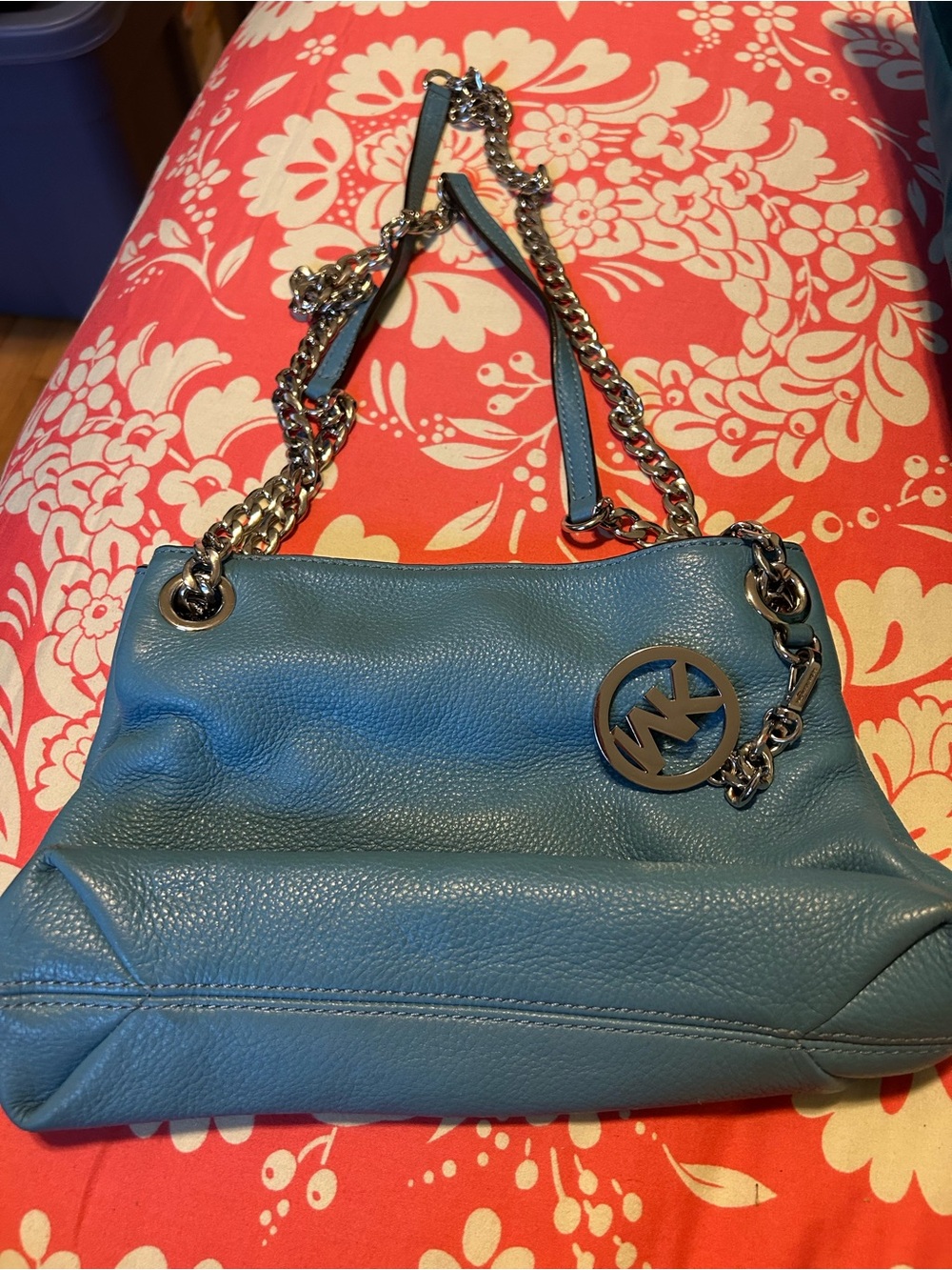 Michael Kors Teal Leather Shoulder Bag with Silver Chain